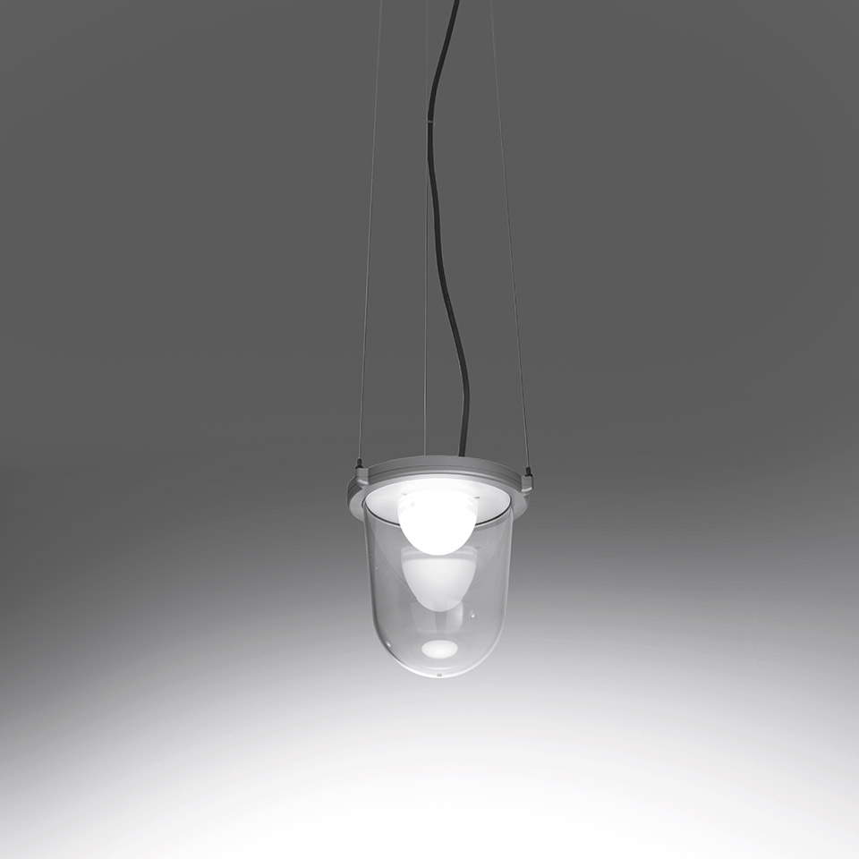 Artemide Tolomeo Outdoor pendant lamp: clear glass bell-shaped diffuser with opal inner globe, suspended by thin cables and black cord