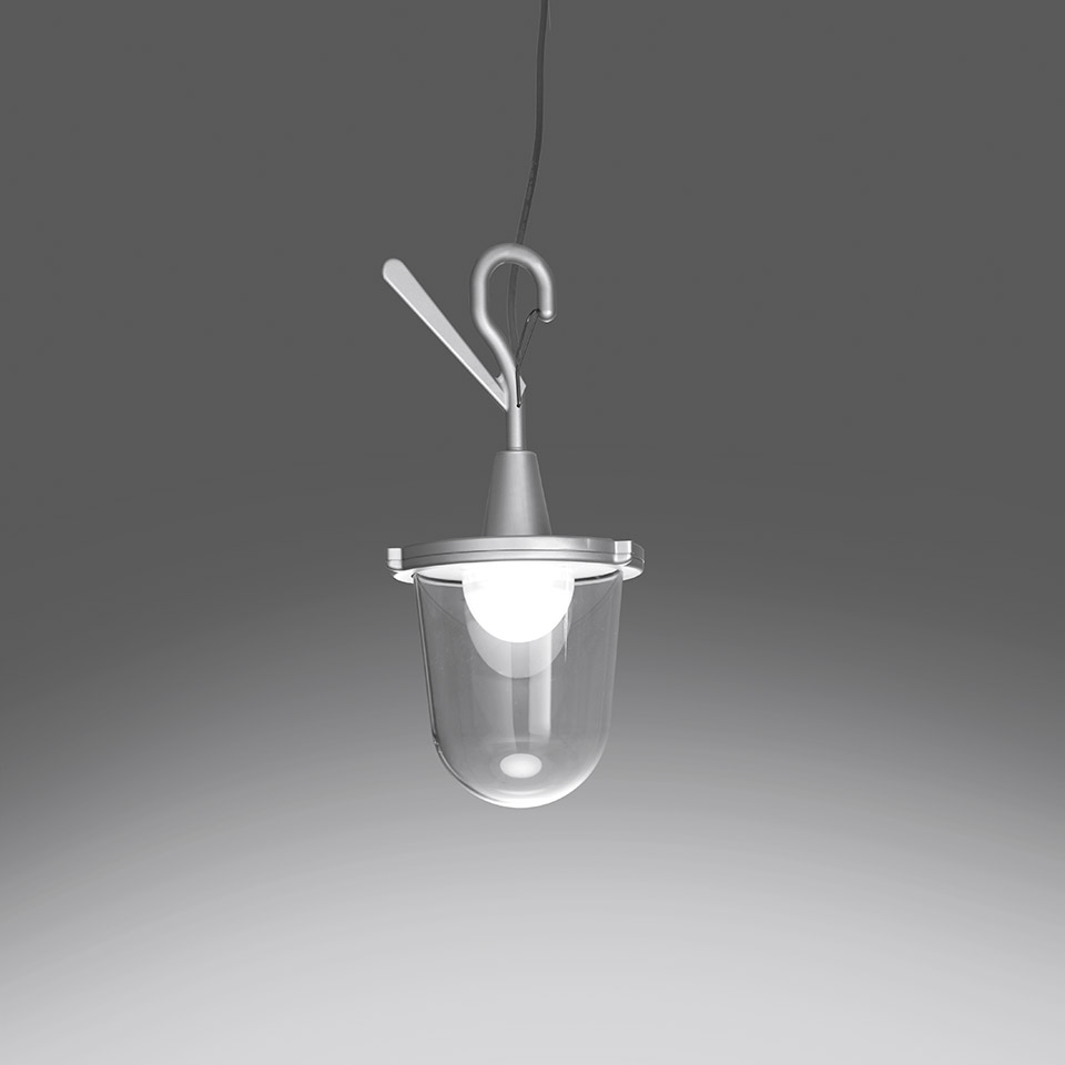 Artemide Tolomeo Lampione Outdoor pendant lamp: clear glass bell shade with aluminum top, hook suspension, and visible globe bulb