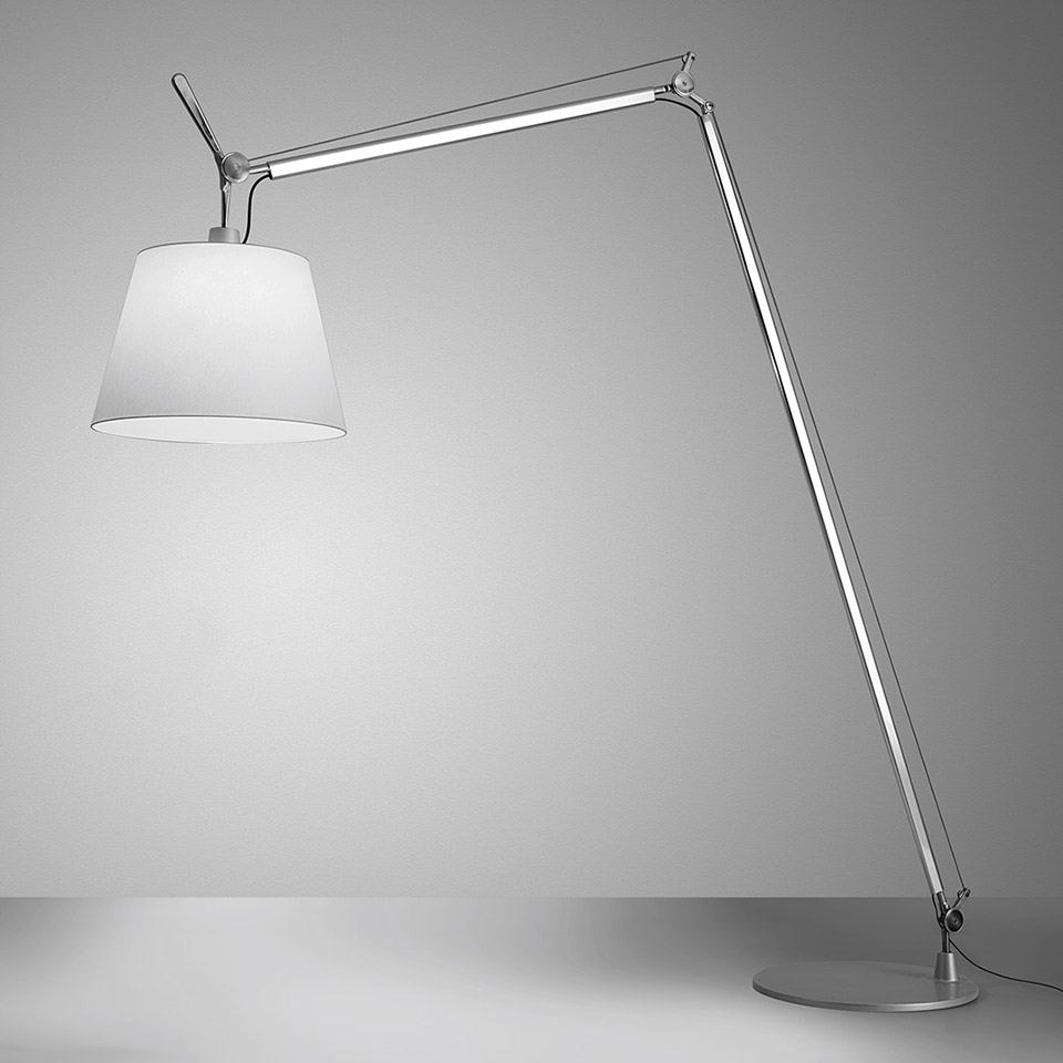 Artemide Tolomeo Maxi floor lamp with adjustable aluminum arm and large white conical shade on a round base