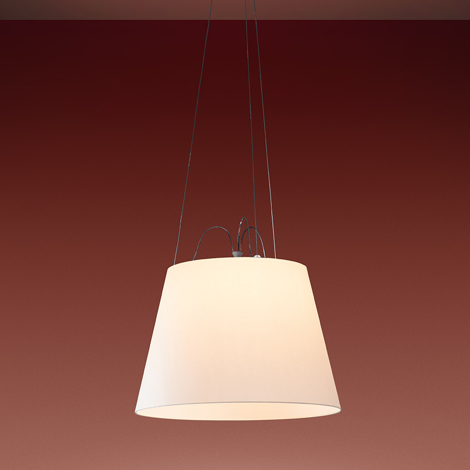 Artemide Tolomeo Mega Sospensione pendant lamp with large white fabric shade suspended by thin cables against a dark red background