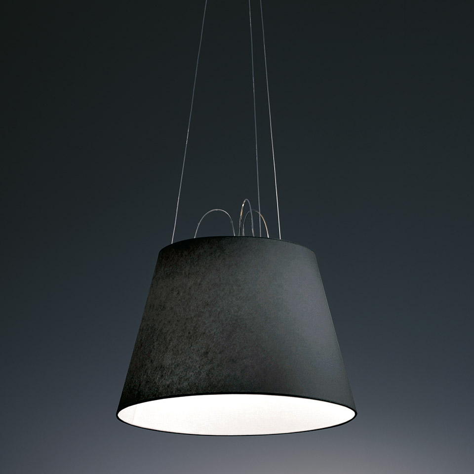 Artemide Tolomeo Mega Sospensione pendant lamp with dark textured conical shade and white inner diffuser, suspended by thin steel cables