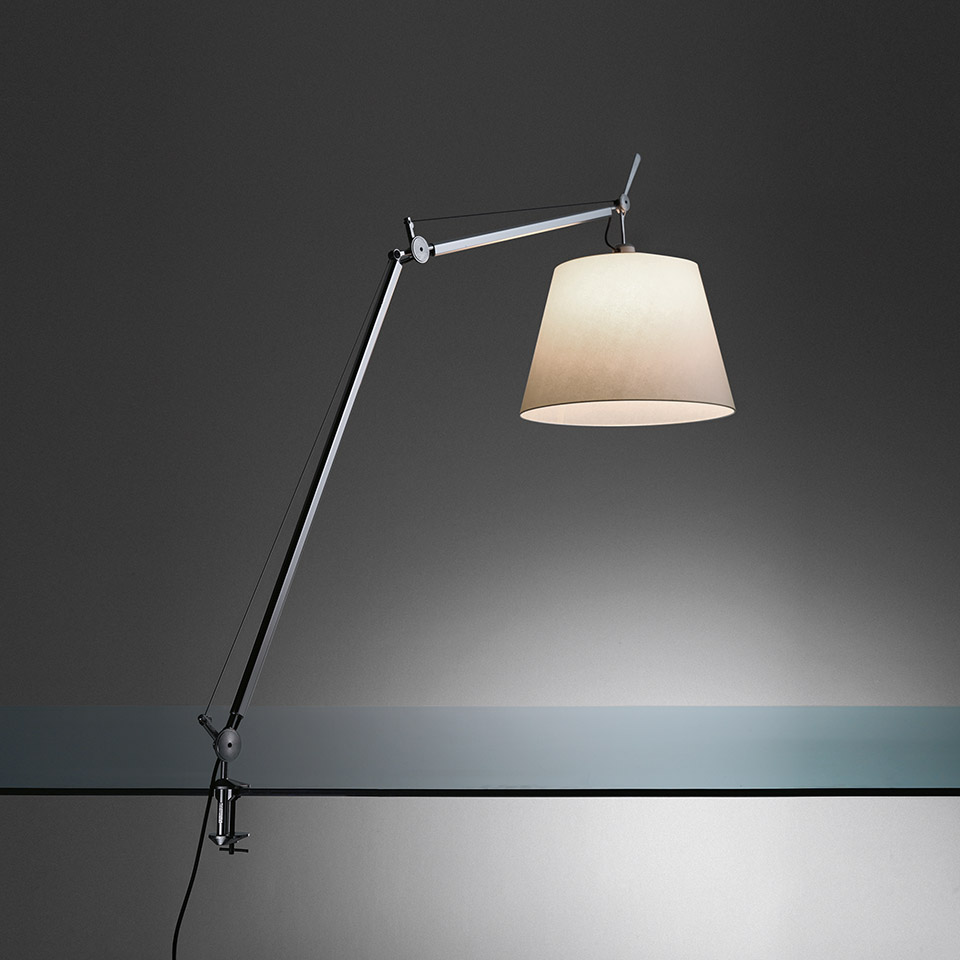 Artemide Tolomeo Mega Tavolo desk lamp with articulated aluminum arm, table clamp base, and large tapered parchment shade