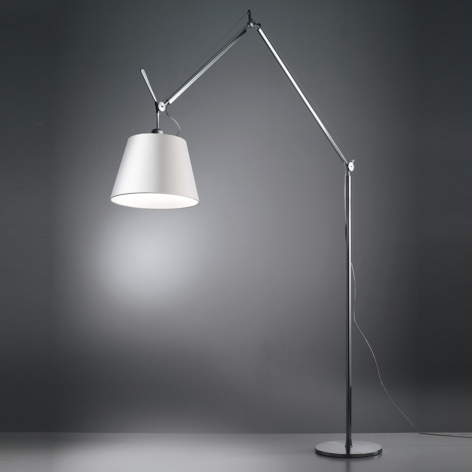 Artemide Tolomeo Mega Terra floor lamp with polished aluminum articulated arm and large white fabric shade on a round base