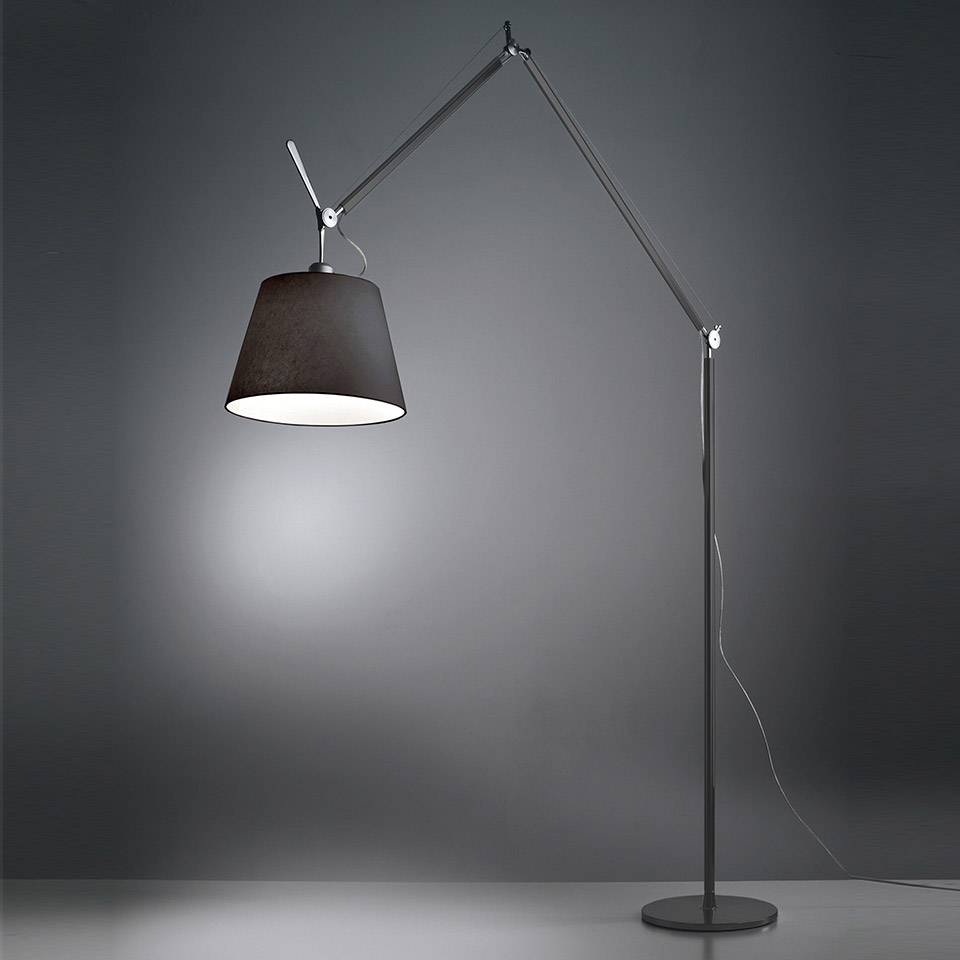 Artemide Tolomeo Mega Terra floor lamp with adjustable aluminum arms, large dark conical shade, and round weighted base
