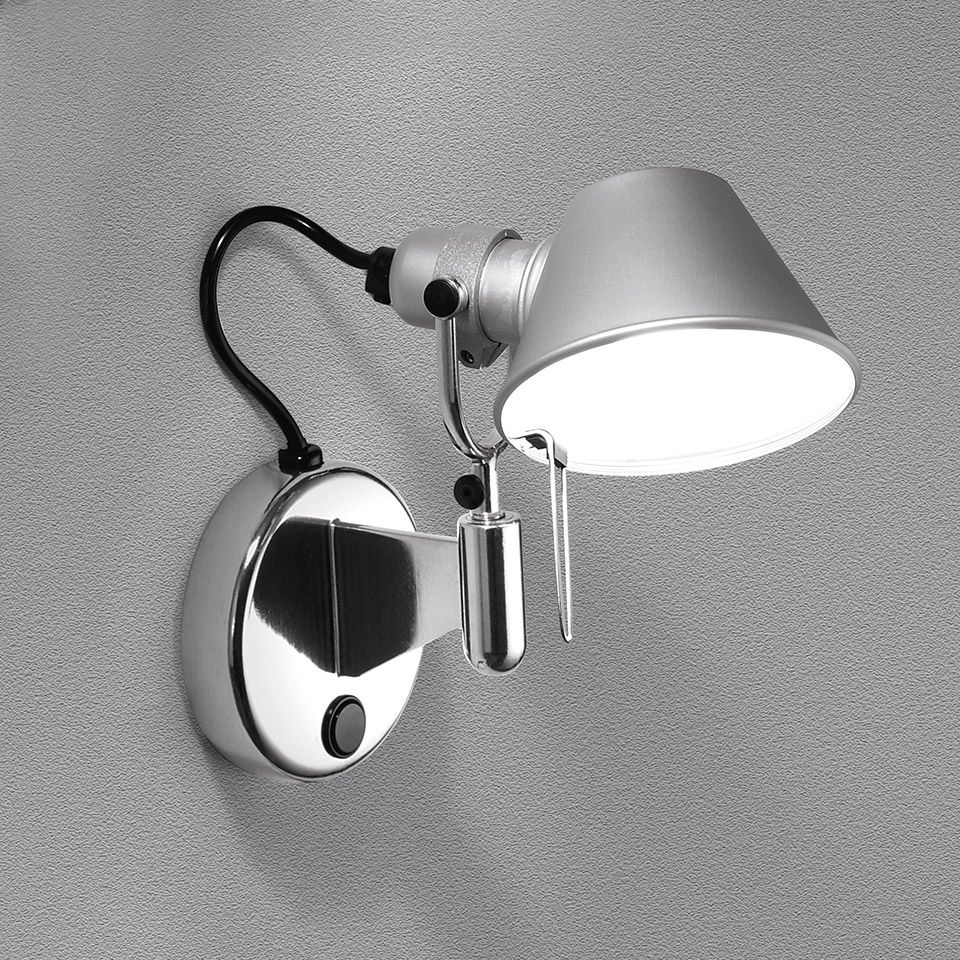 Artemide Tolomeo Micro Faretto wall lamp in aluminium with adjustable conical shade, black flex arm, and polished chrome wall mount