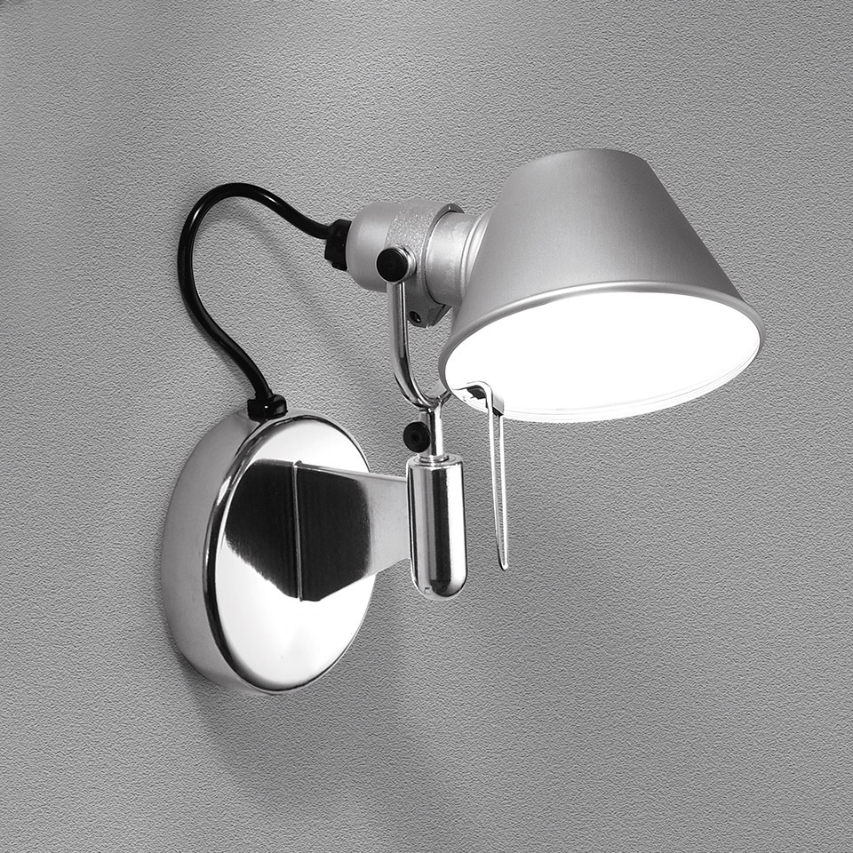 Artemide Tolomeo Micro Faretto wall lamp in aluminum with adjustable conical shade, black flex arm, and polished round wall mount