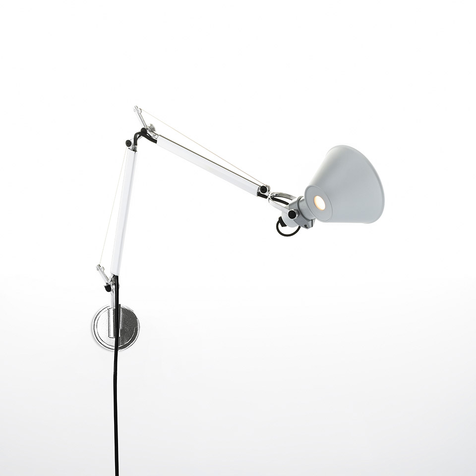 Artemide Tolomeo Micro Parete wall lamp in aluminum with adjustable double-arm, conical shade, and circular wall mount