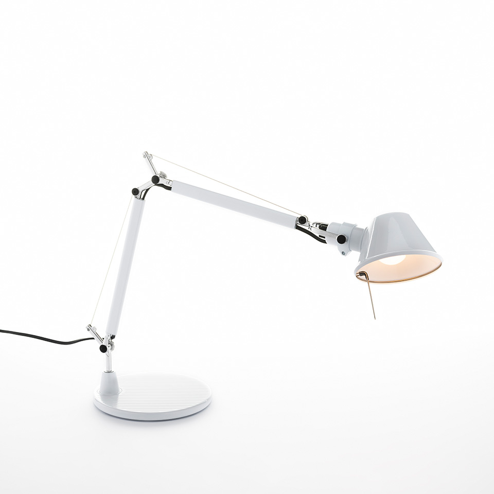Artemide Tolomeo Micro Tavolo desk lamp in white, featuring adjustable double-arm, conical shade with pull-cord switch, and round base