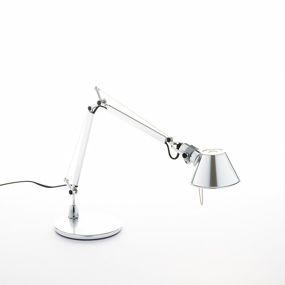 Artemide Tolomeo Micro Tavolo desk lamp in polished aluminium with adjustable articulated arm and conical shade on round base
