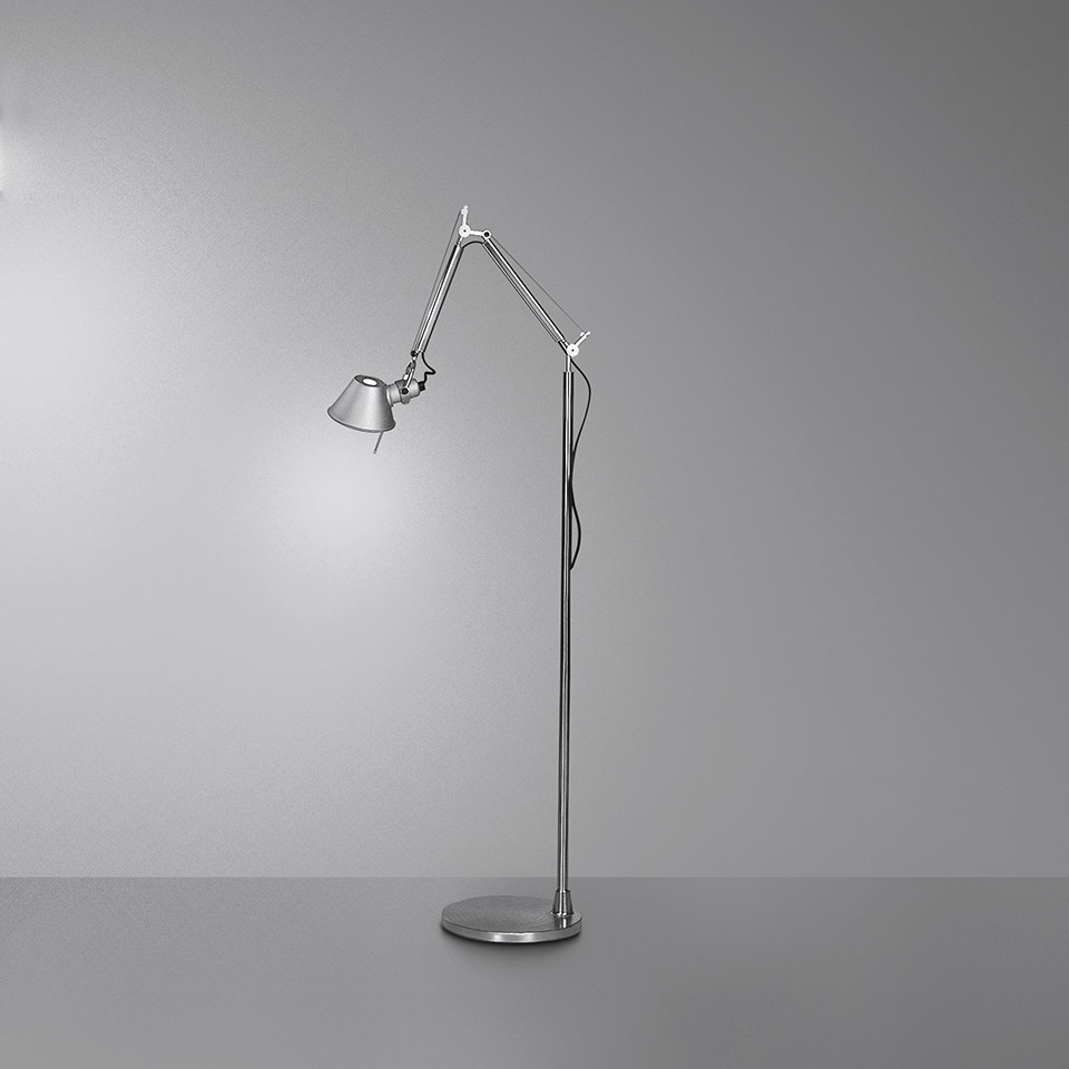 Artemide Tolomeo Micro Terra floor lamp in polished aluminium with articulated arm, small conical shade, and circular base
