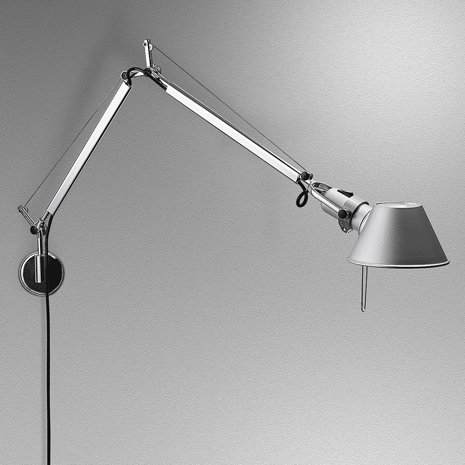 Artemide Tolomeo Mini Parete wall lamp in aluminium with adjustable articulated arm, tension cables, and conical shade with pull switch