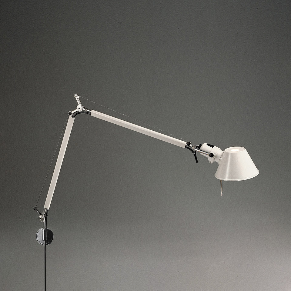 Artemide Tolomeo Mini Parete wall lamp in white, featuring adjustable articulated arm with tension cable and conical shade