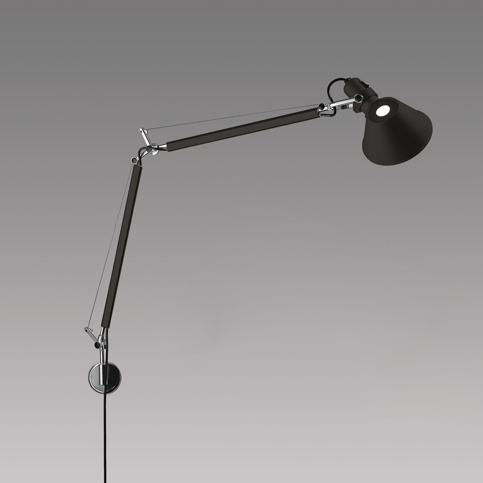 Artemide Tolomeo Parete wall lamp in black, featuring adjustable double-arm with tension cables and pivoting conical shade.