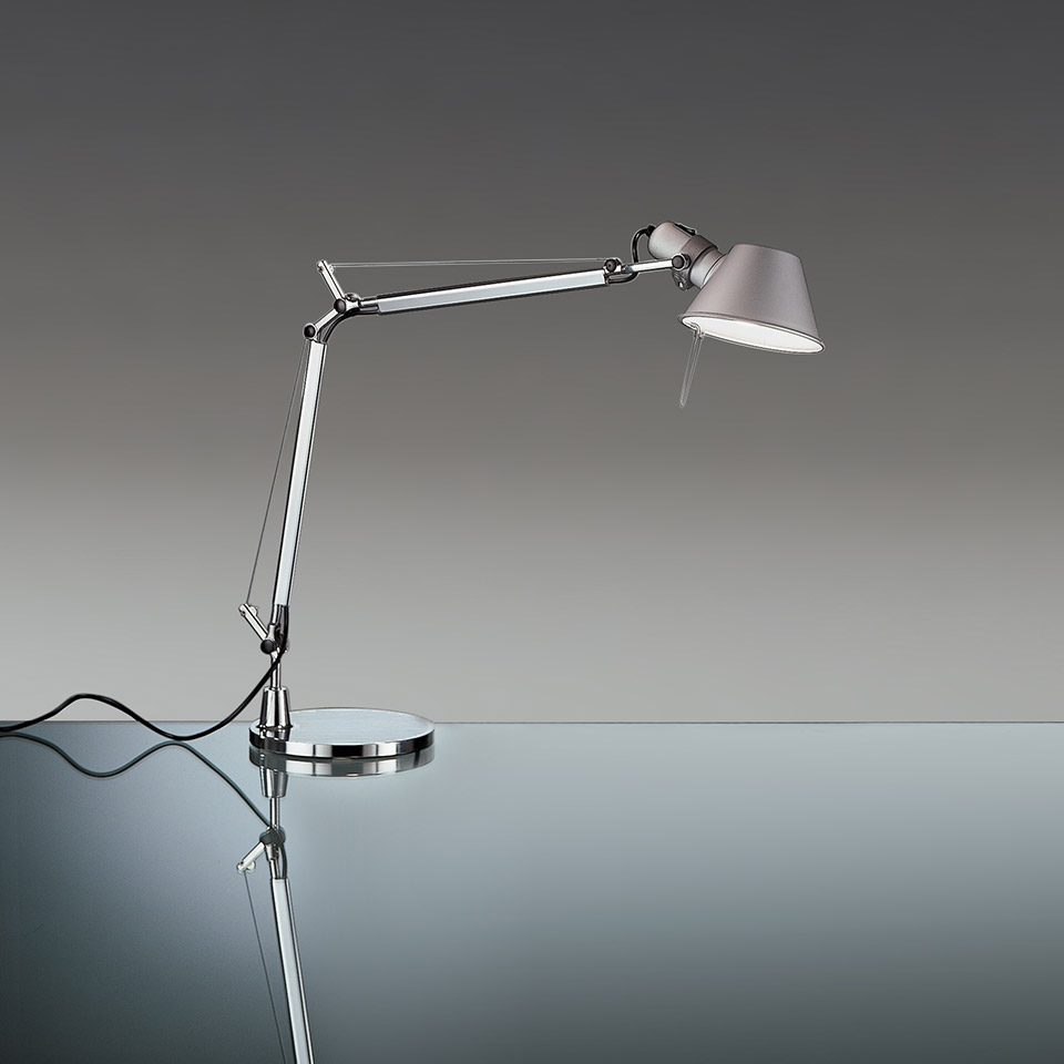 Artemide Tolomeo Mini Tavolo desk lamp in polished aluminium with adjustable articulated arm and conical shade on circular base