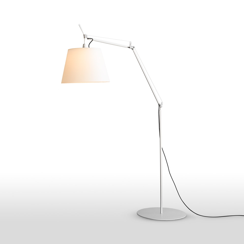 Artemide Tolomeo Paralume Outdoor floor lamp: white adjustable articulated arm, conical fabric shade, round base, black cord