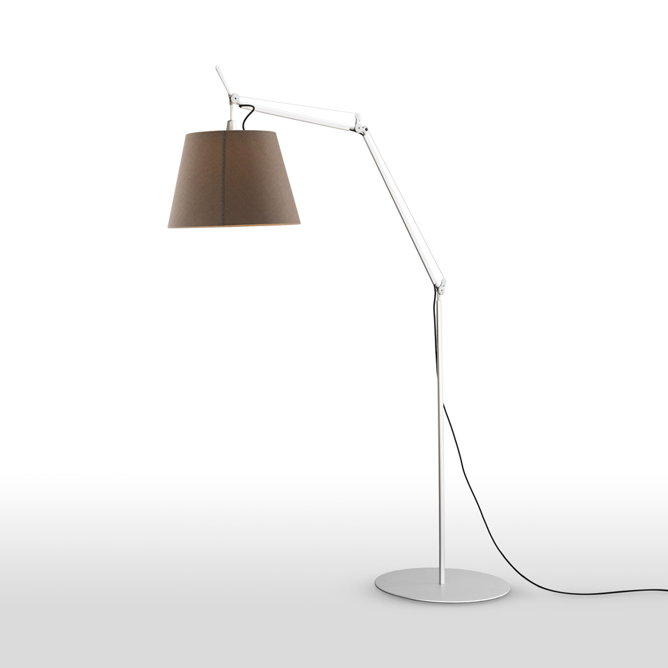 Artemide Tolomeo Paralume Outdoor floor lamp: white articulated arm, taupe fabric shade, round base, black cord - 2