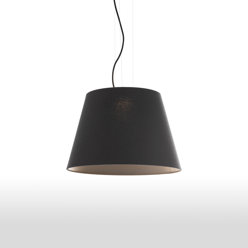 Artemide Tolomeo Paralume Outdoor pendant lamp with large black conical fabric shade suspended by a black cable