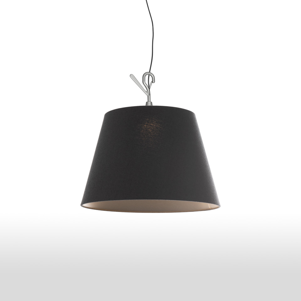 Artemide Tolomeo Paralume Outdoor pendant lamp with black conical fabric shade and polished aluminum hook ceiling mount
