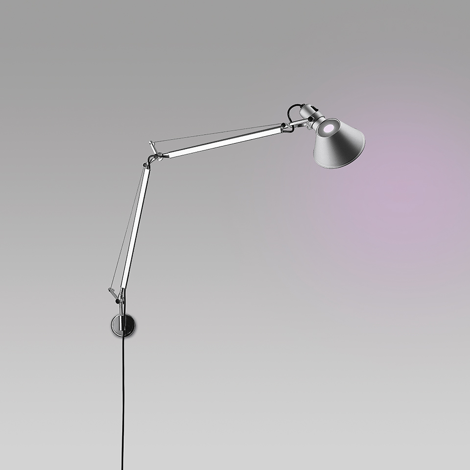 Artemide Tolomeo Parete wall lamp in aluminium with adjustable double-arm and conical shade, wall-mounted with cord