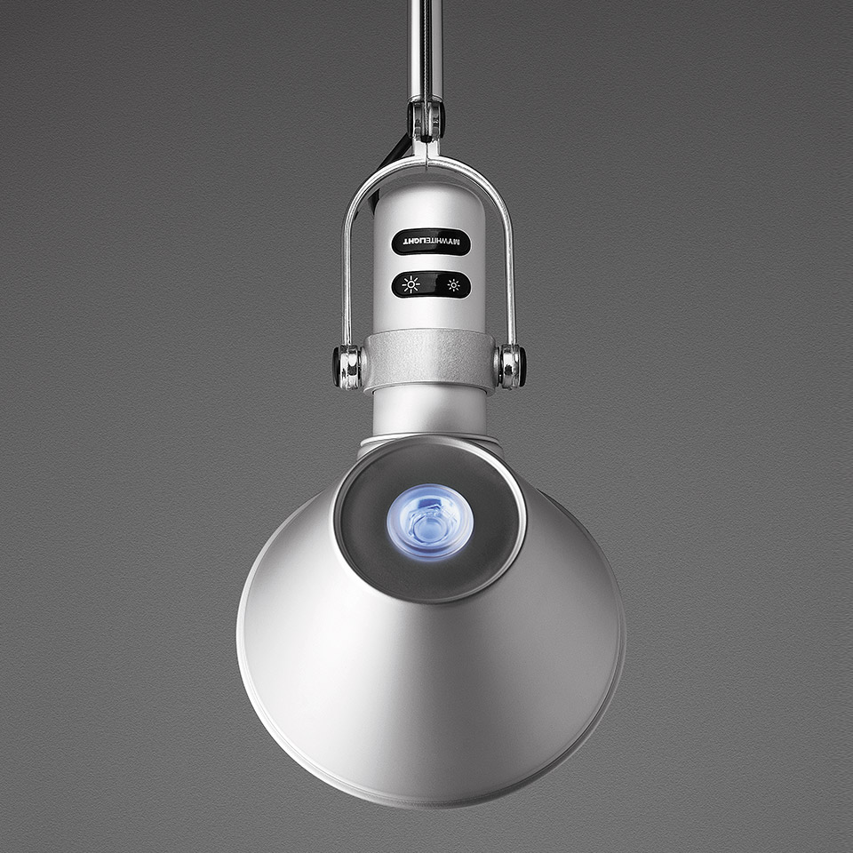 Artemide Tolomeo pendant lamp, polished aluminum conical shade with central LED, chrome joint and suspension rod - 2