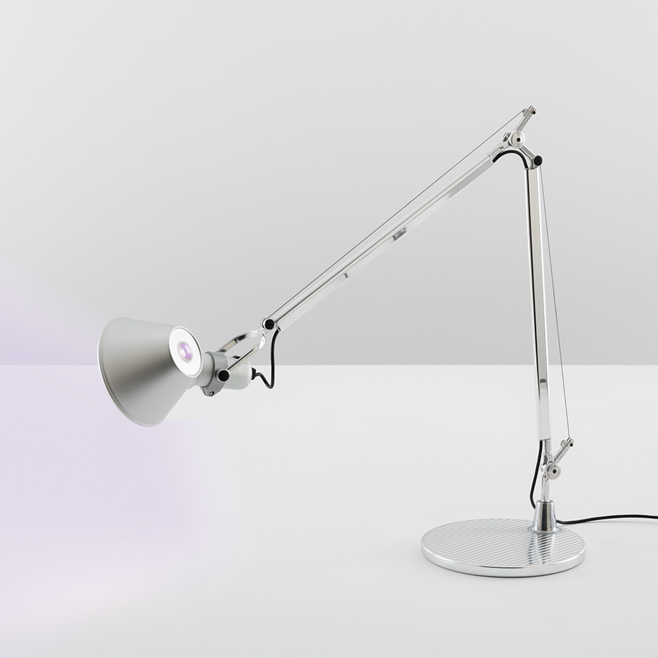 Artemide Tolomeo Tavolo desk lamp in polished aluminium with adjustable articulated arm, conical shade, and circular base