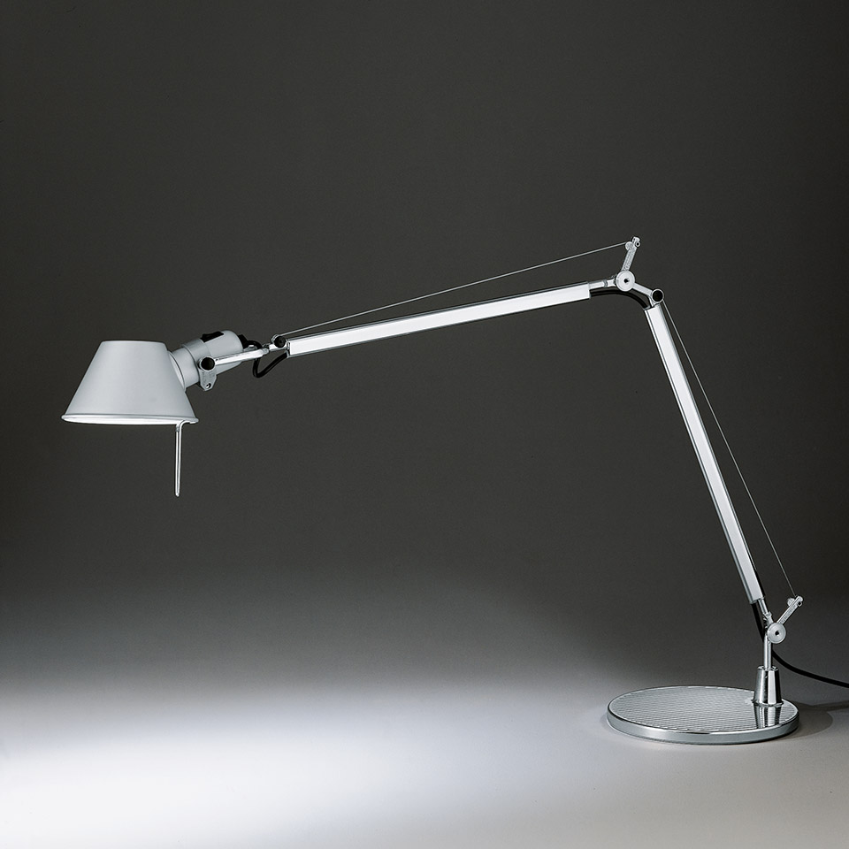 Artemide Tolomeo Tavolo desk lamp in aluminium with adjustable double-arm, tension cables, conical shade, and circular base
