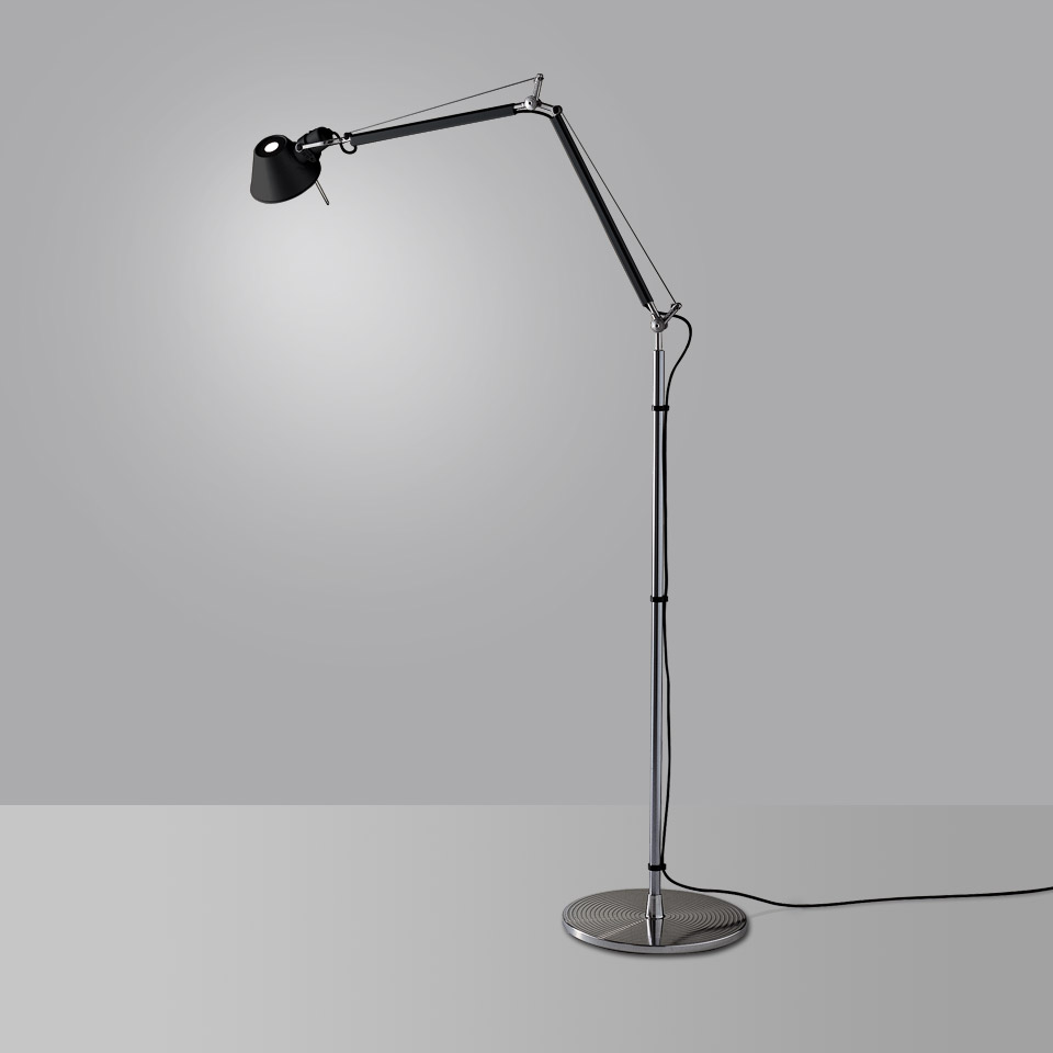 Artemide Tolomeo Floor lamp in black and chrome, featuring adjustable articulated arm, small directional shade, and round weighted base
