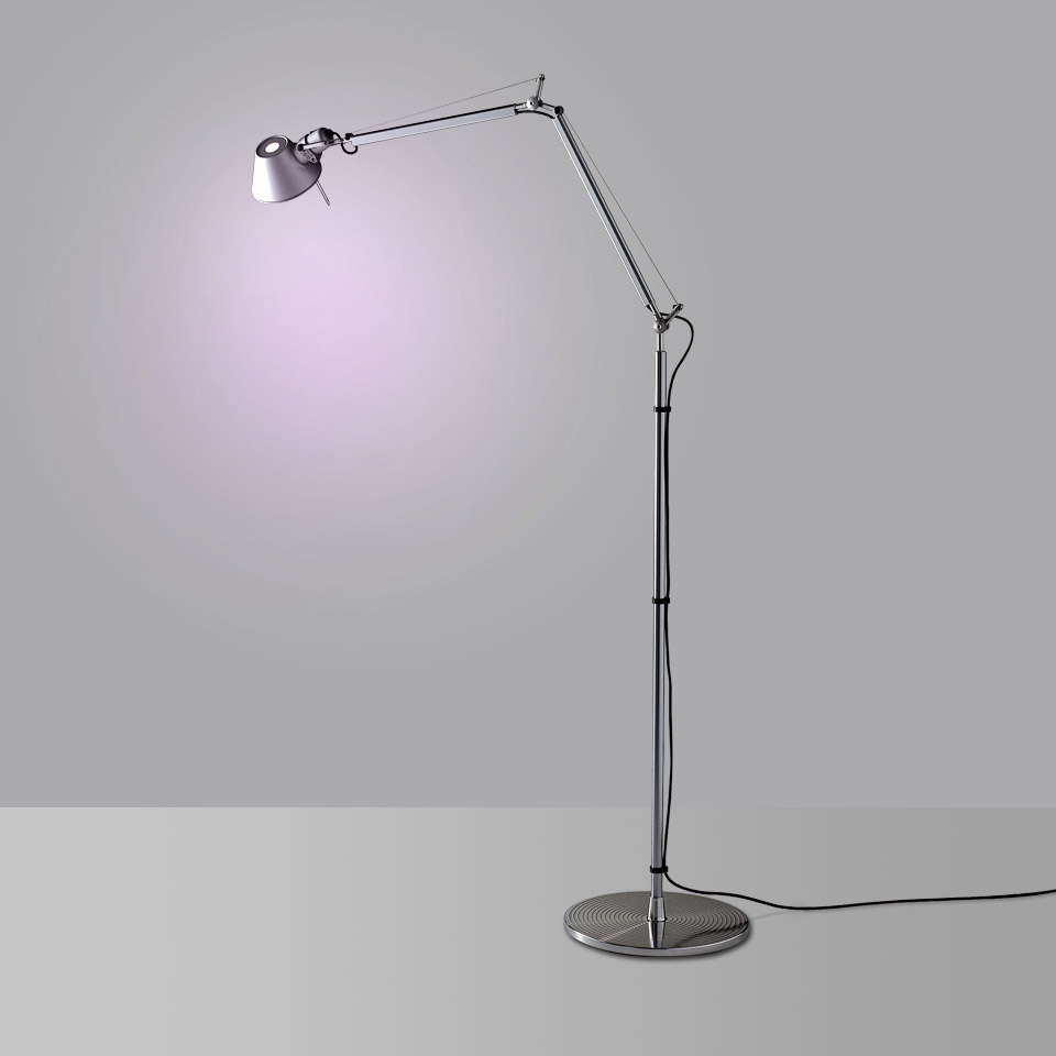 Artemide Tolomeo Terra floor lamp in polished aluminium with adjustable articulated arm and round weighted base
