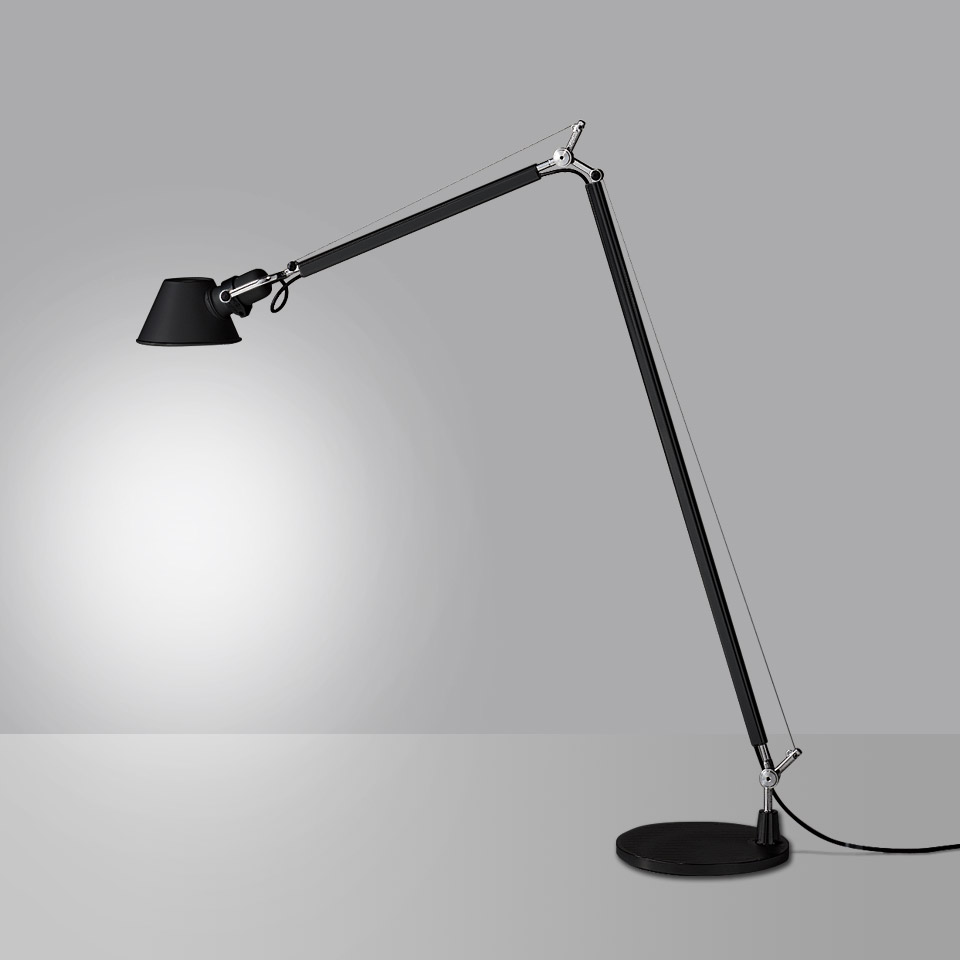 Artemide Tolomeo Terra floor lamp in black, featuring adjustable articulated arm with tension cables and conical shade on round base