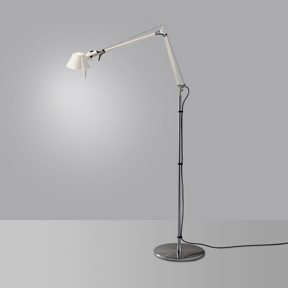 Artemide Tolomeo Terra floor lamp with adjustable articulated arm, white conical shade, and polished chrome circular base