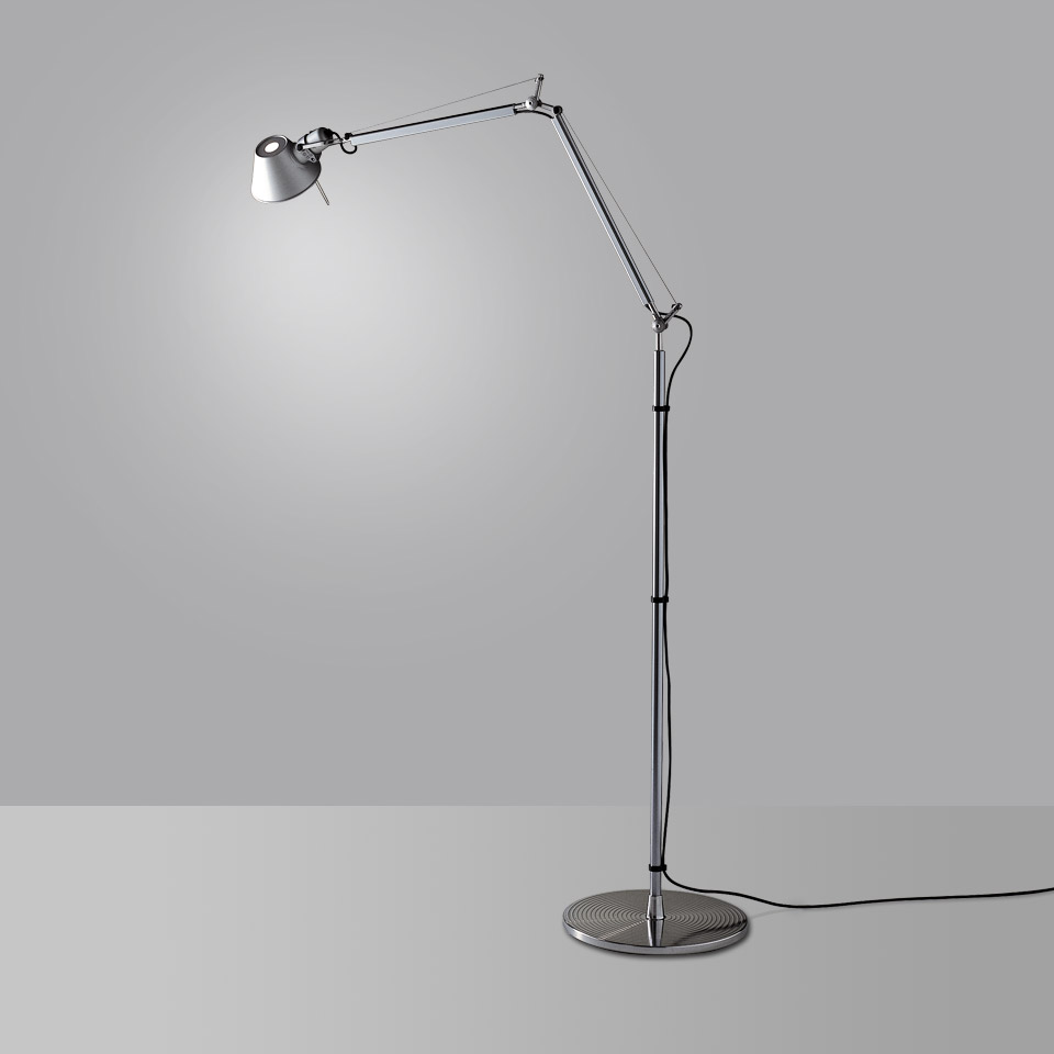 Artemide Tolomeo Floor lamp in polished aluminium with adjustable articulated arm, conical shade, and circular weighted base