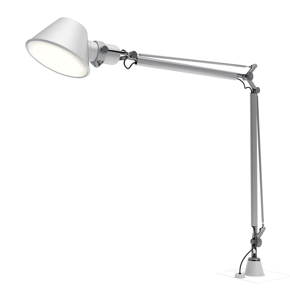 Artemide Tolomeo Micro table lamp with adjustable aluminum arm, white conical shade, and desk clamp base
