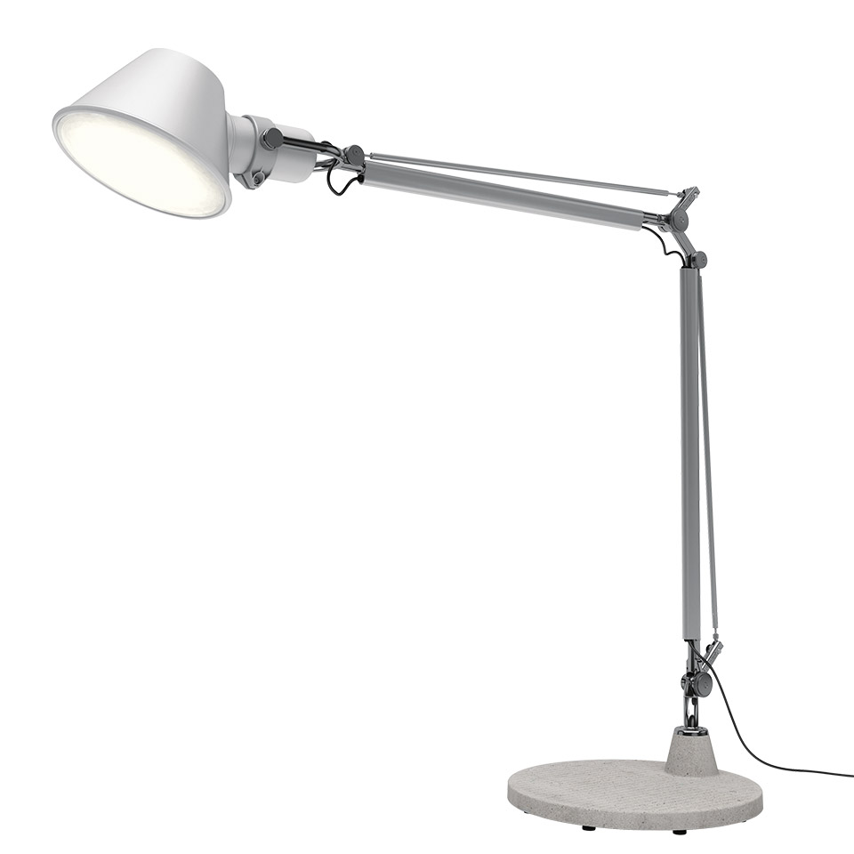 Artemide Tolomeo XXL Outdoor desk lamp: adjustable aluminium double-arm, white conical shade, circular stone-effect base