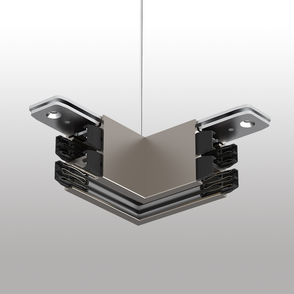 Artemide Turn Around System: L-shaped track lighting connector in silver and black, suspended by a cable for modular ceiling installation