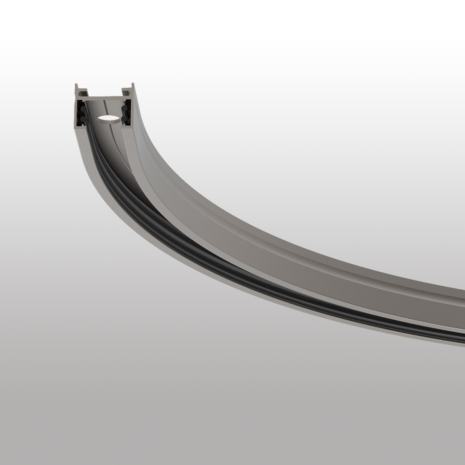 Artemide Turn Around System: curved aluminum track section in grey, designed for flexible modular lighting installations