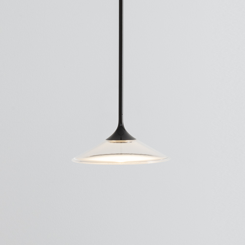 Artemide Turn Around pendant lamp: slim black rod suspending a flat conical transparent glass diffuser with integrated LED light source