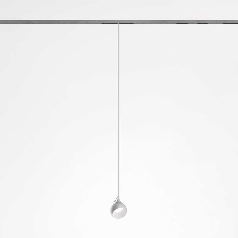 Artemide Turn Around System: minimalist pendant lamp with small spherical white head suspended from a thin wire on a ceiling track