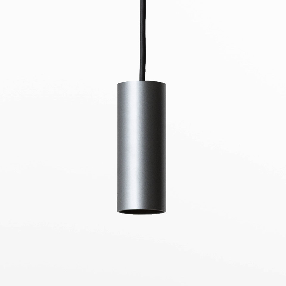 Artemide Turn Around System: minimalist cylindrical pendant lamp in grey aluminum finish, suspended by a black cord