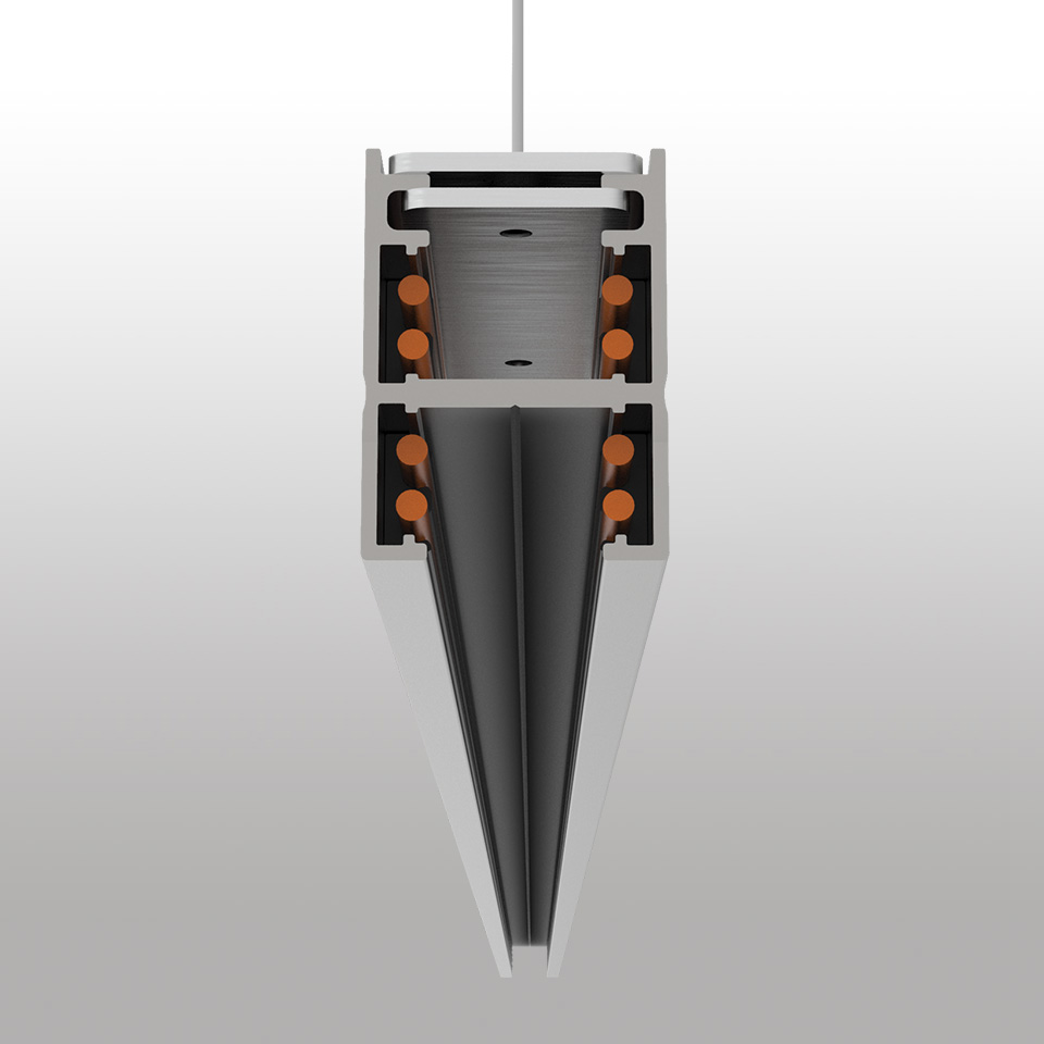 Artemide Turn Around System: suspended pendant light fixture with dark conical diffuser, aluminum profile, and copper electrical contacts