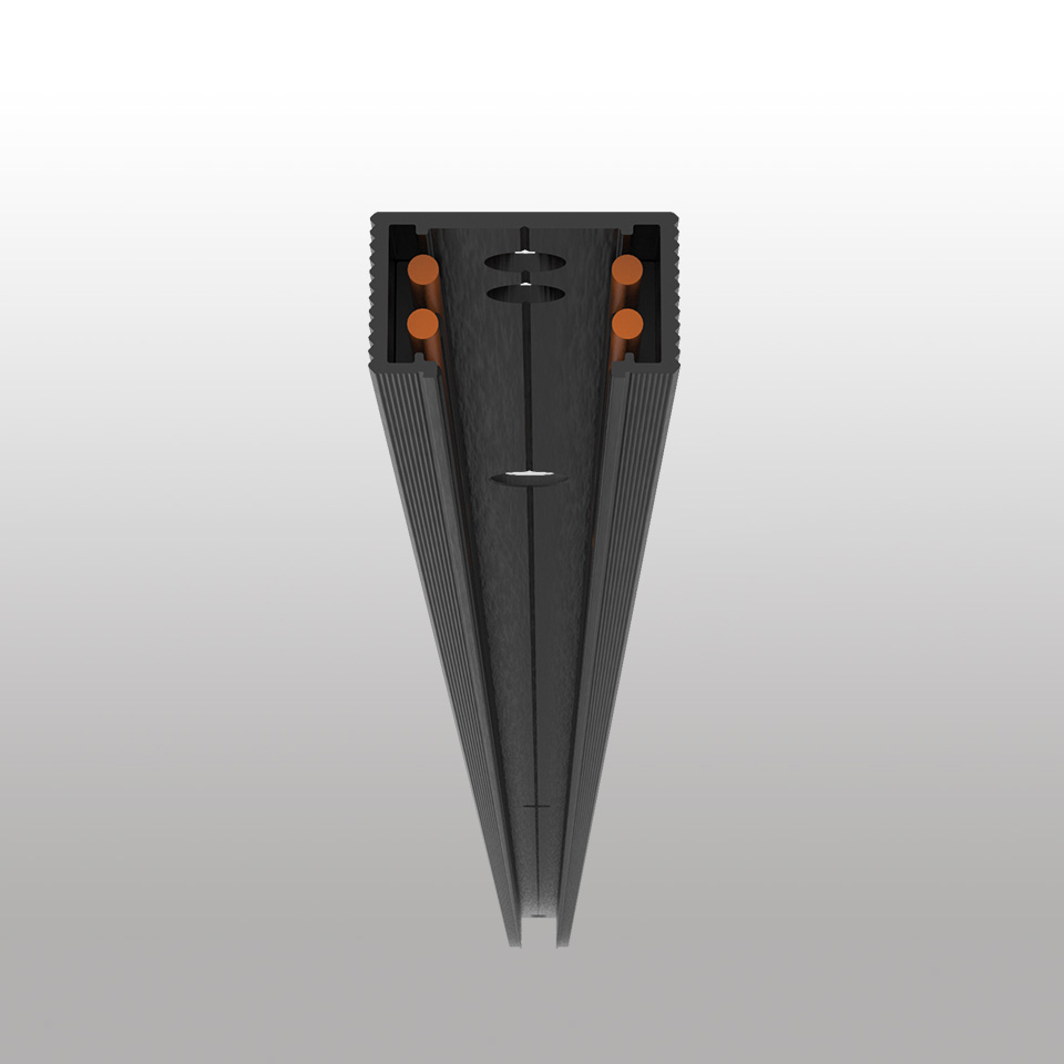 Artemide Turn Around System: black anodized aluminum track section with copper electrical contacts, triangular profile for ceiling installation