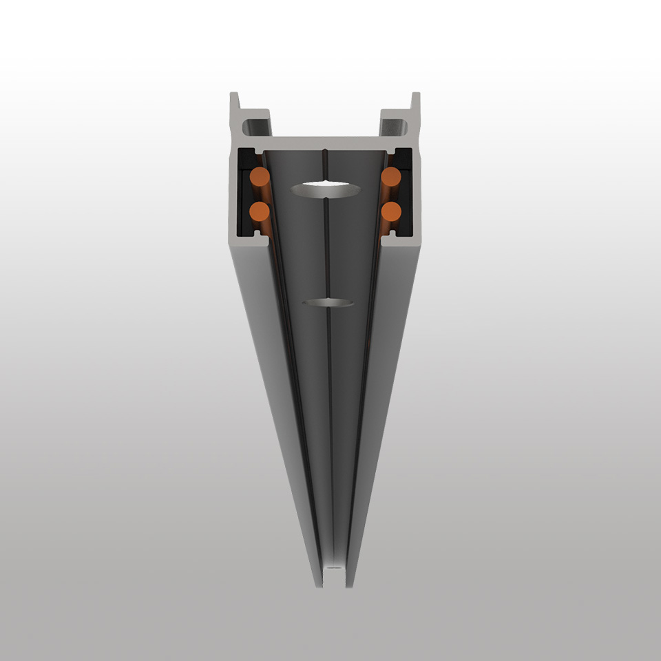 Artemide Turn Around System: dark grey aluminium track cross-section showing copper electrical contacts and mounting slot for modular lighting.