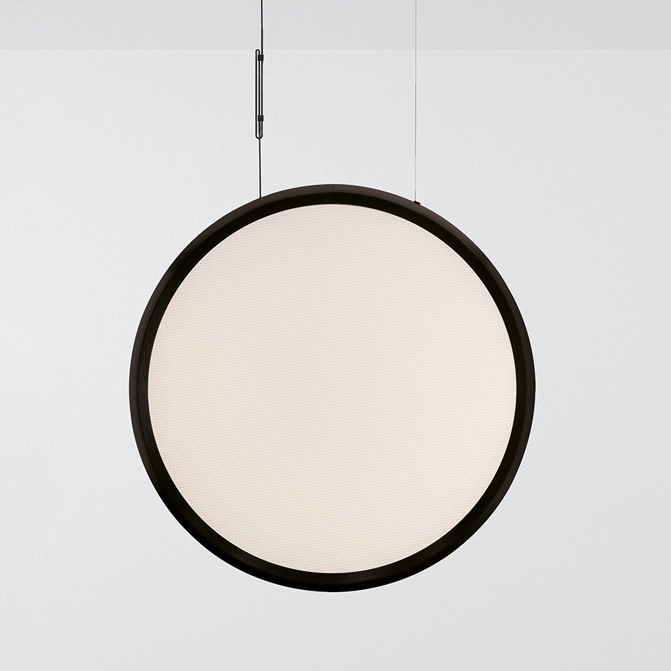 Artemide Turn Around pendant lamp: large circular disc with dark frame and opal white diffuser, suspended by thin cables