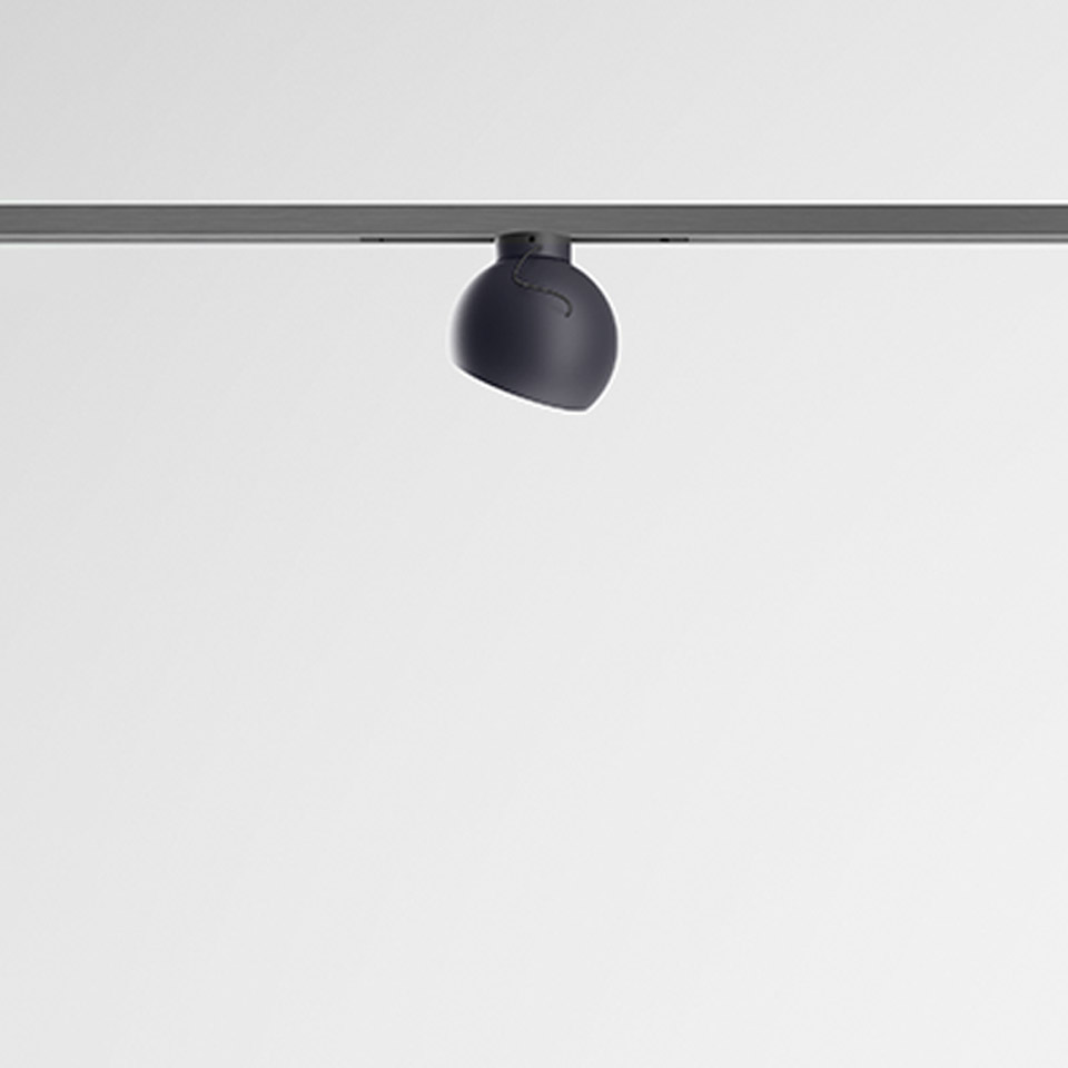 Artemide Turn Around System: dark grey adjustable spotlight with rounded head mounted on a ceiling track rail
