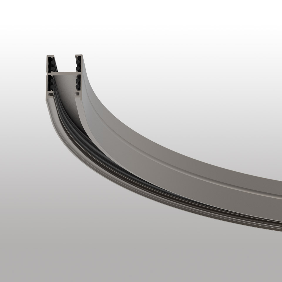 Artemide Turn Around System: curved aluminum track section in grey finish, designed for flexible lighting installations