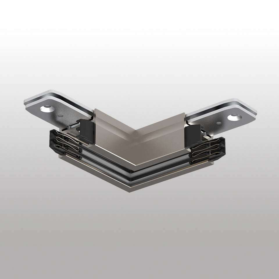 Artemide Turn Around System L-shaped track connector in brushed nickel, for joining two track sections at a 90-degree angle