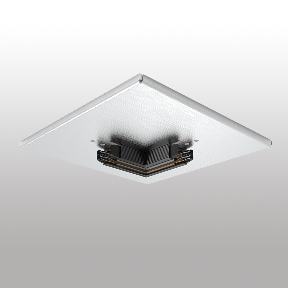 Artemide Turn Around System: square brushed aluminum ceiling plate with central black heat sink module for recessed track lighting