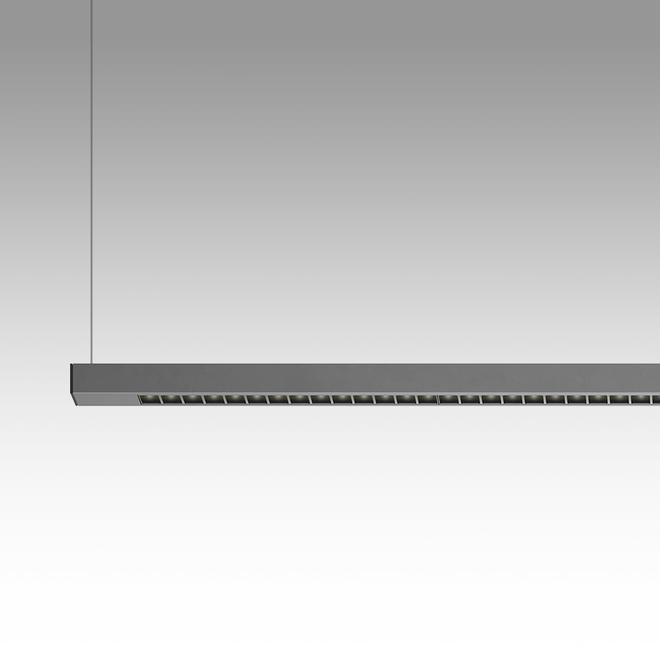 Artemide Turn Around Suspension: slim rectangular LED pendant light in grey with louvered diffuser, suspended by thin cables