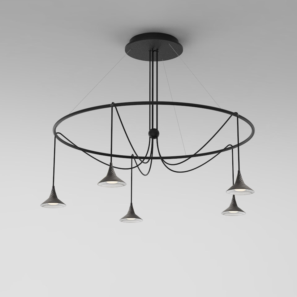 Artemide Unterlinden chandelier: black circular ring with five pendant LED spotlights on adjustable cables from central ceiling rose