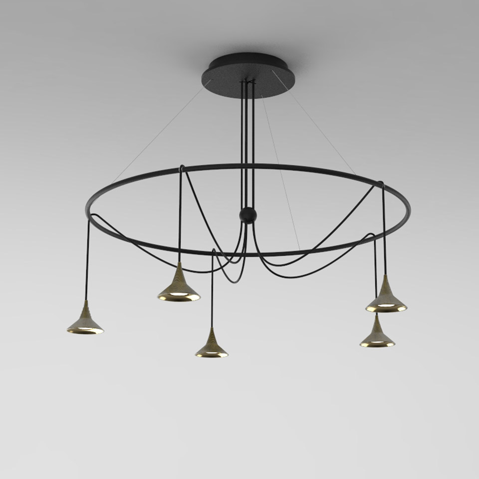Artemide Unterlinden chandelier: black circular ring with five hanging brass cone-shaped LED pendants on black cables from central ceiling rose