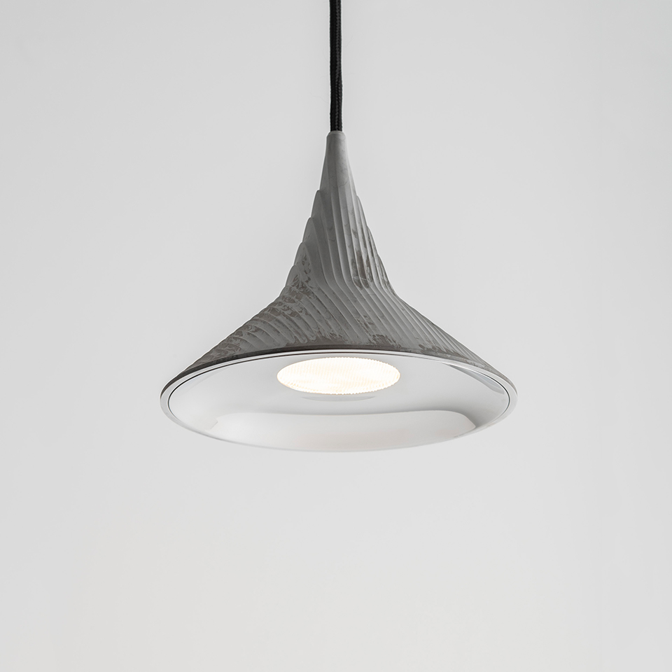Artemide Unterlinden Outdoor pendant lamp with textured grey conical shade, polished inner reflector, and LED light source on black cord